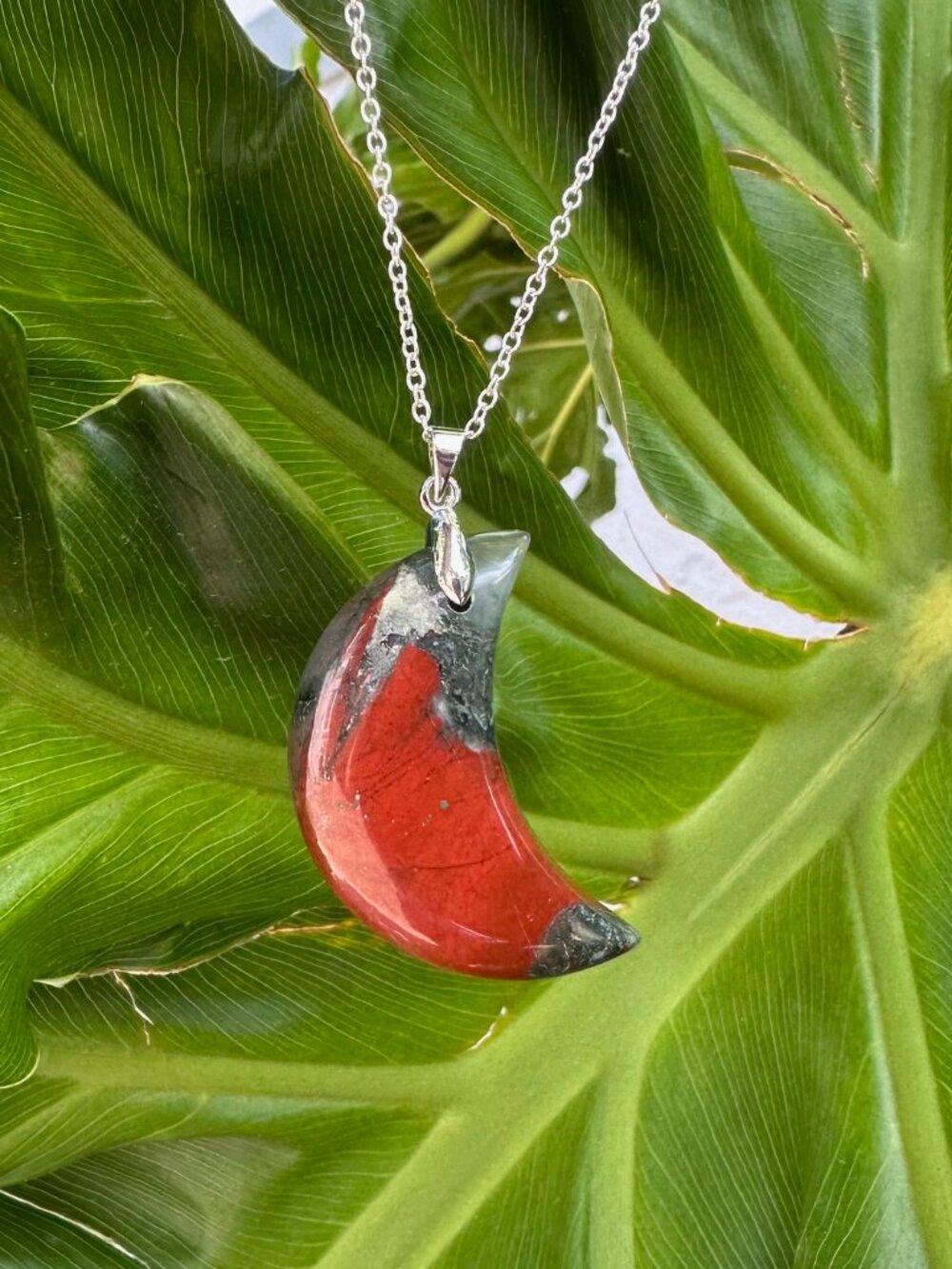 NEW African Bloodstone Crescent Moon Pendant Necklace